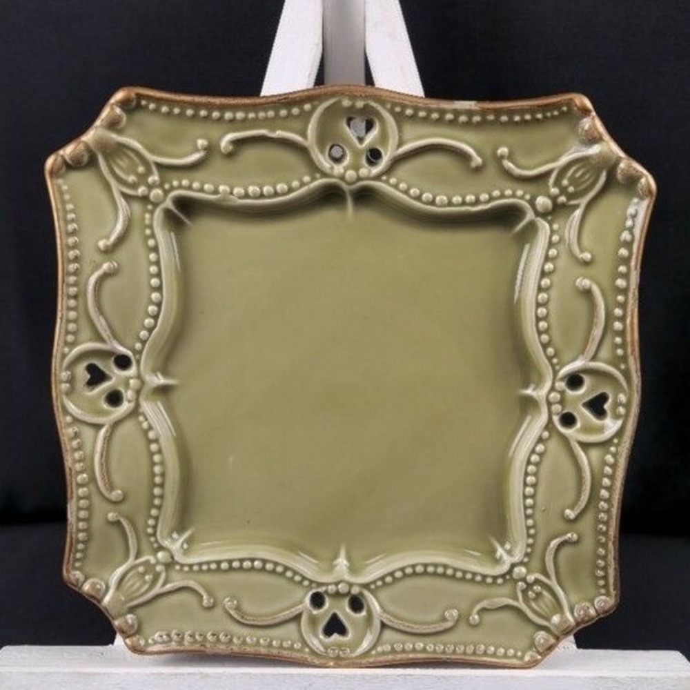 Green Ceramic Square Plate, Reticulated Hearts, Gold Color Trim Relief, Portugal